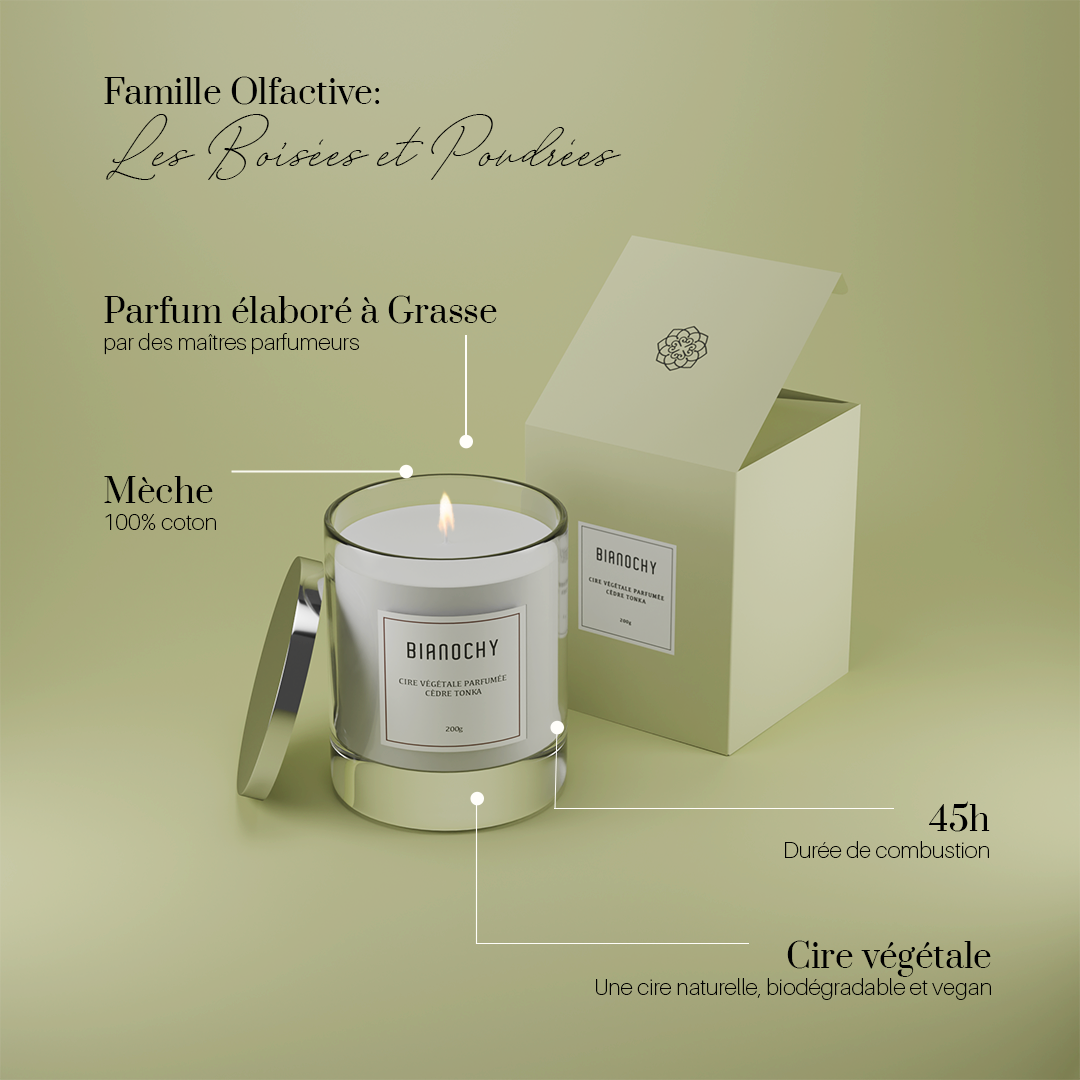 bougie cèdre tonka avec packaging