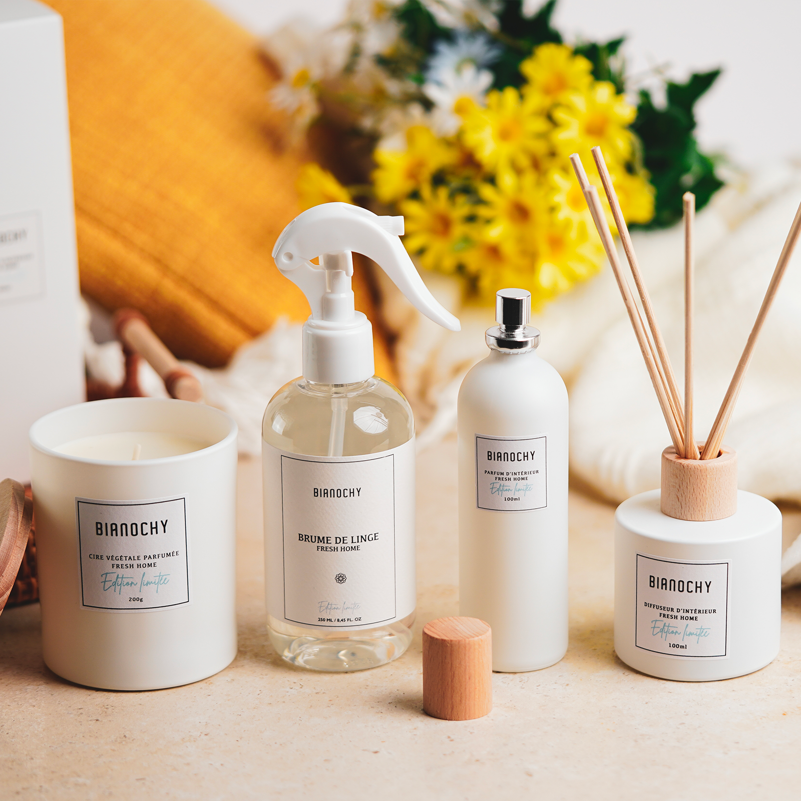 Set bougie , diffuseur et parfum d'intérieur et brume de linge fraicheur bianochyu