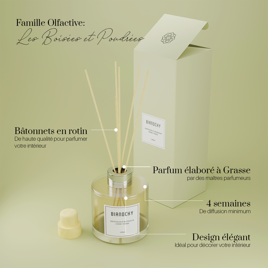 Diffuseur d’intérieur cèdre tonka avec packaging
