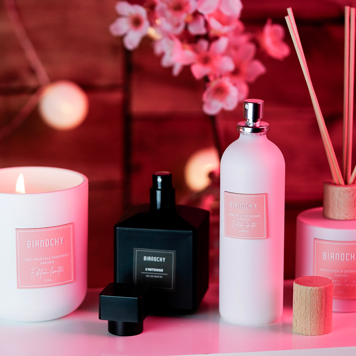 Set bougie , diffuseur et parfum d'intérieur et eau de parfum sakura intense bianochy