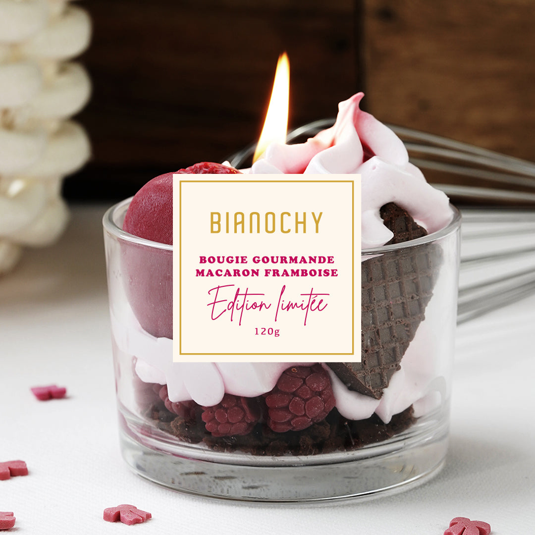 Bougie gourmande macaron framboise
